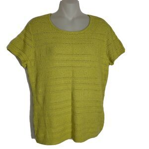 Evan Picone Womens Top Large Open Mesh Knit Yellow Green Short Sleeve Sweater